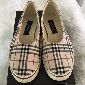 Burberry Beige Plaid Slip-On Flats with Black and Red Accents